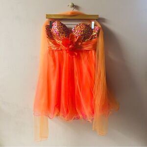 Unique Vintage Let’s Fashion Orange/Pink Sequin Sweetheart Bust Dress Size S EUC
